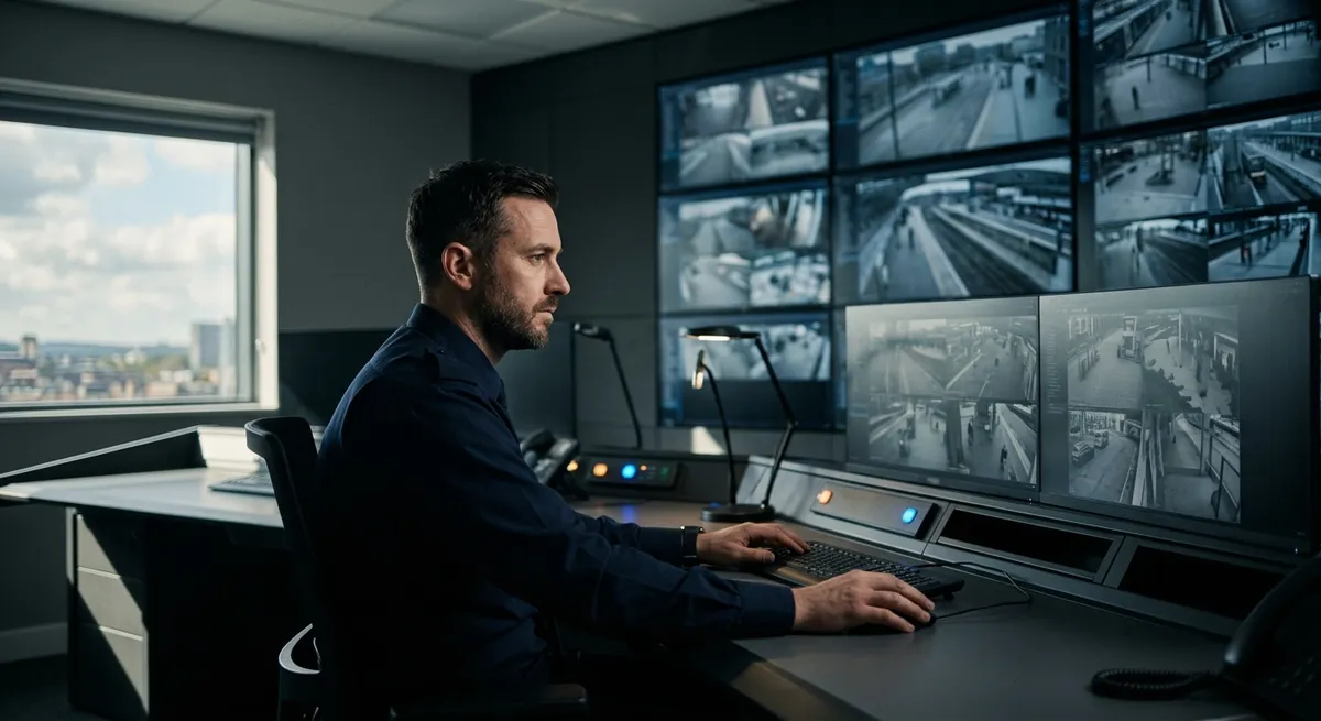 Opérateur de télésurveillance devant des écrans de contrôle